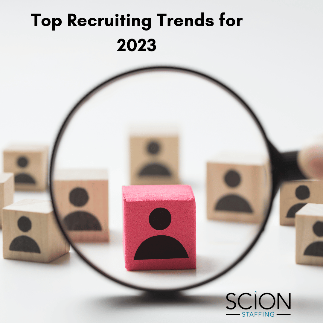Image that shows a magnifying glass and words that say Top Recruiting Trends for 2023