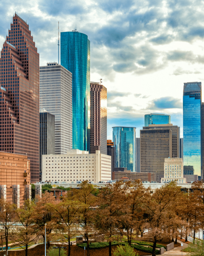 Houston Staffing Agency - image of downtown Houston with skyscrapers and office buildings and a park with trees