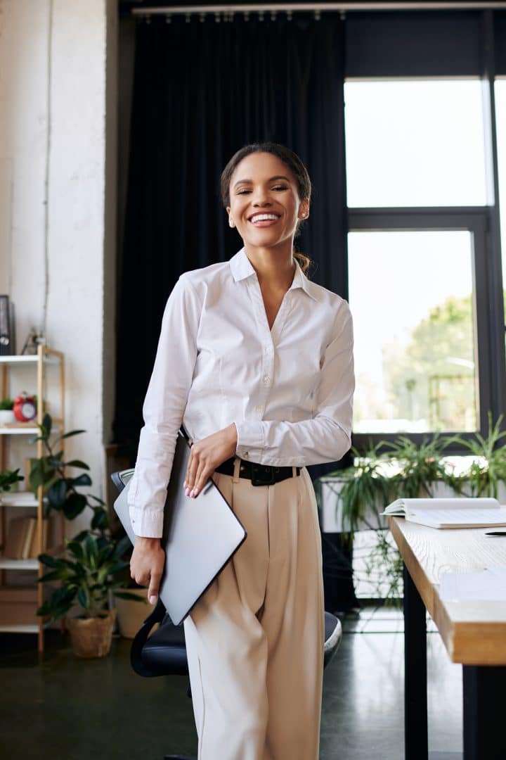 Temporary professional smiling in a workplace